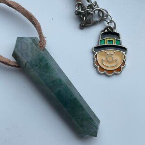Lucky Moss Agate crystal gemstone pendant necklace with leprechaun charm irish